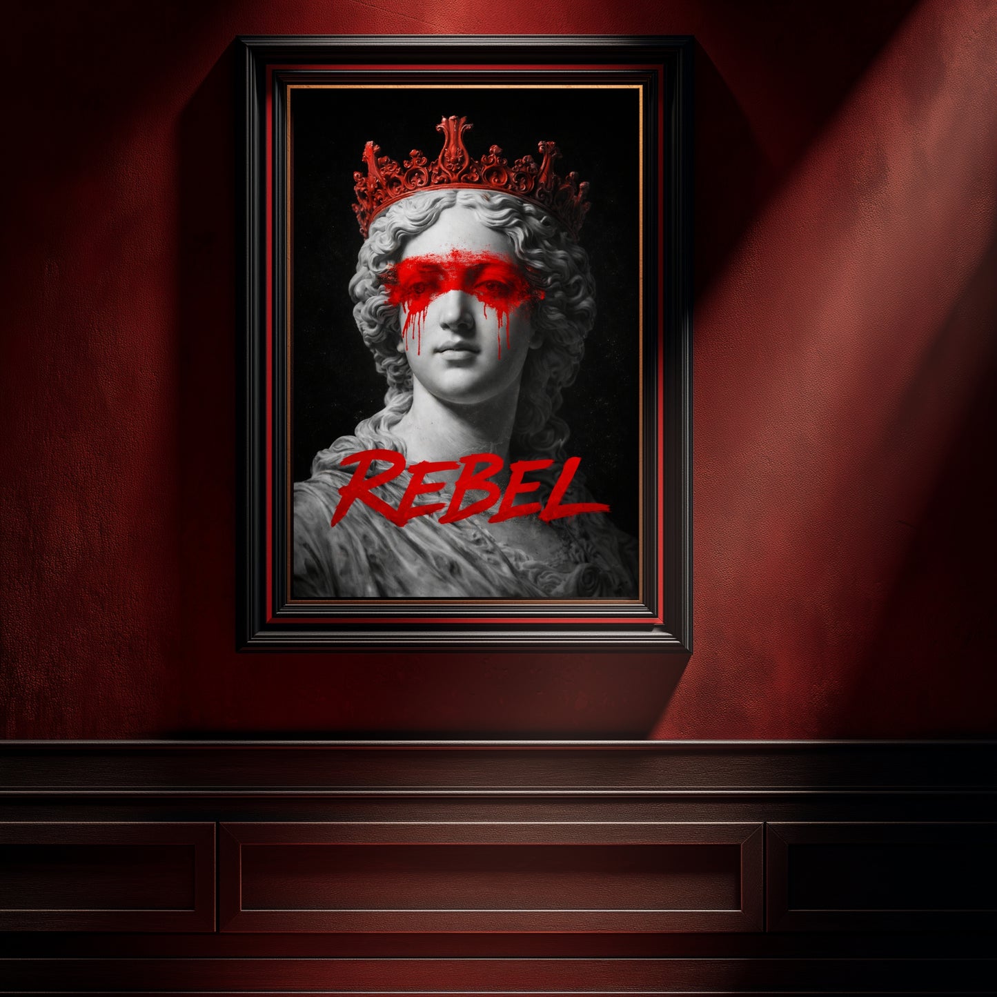 Rebel classical statue wall art displayed in emerald green luxury gallery interior, contemporary protest marble bust artwork with red crown and red paint statement decor
