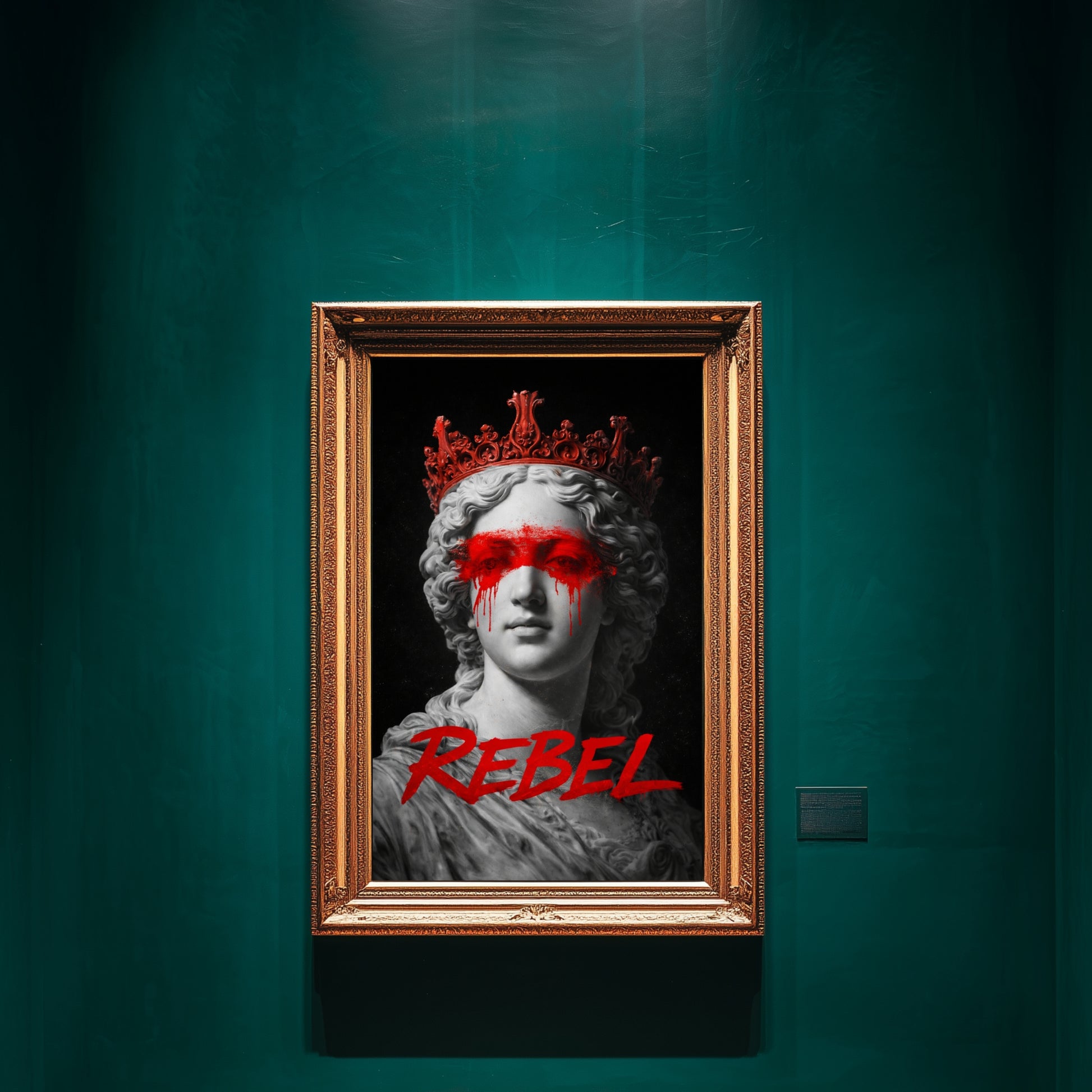 Rebel classical statue wall art displayed in emerald green luxury gallery interior, contemporary protest marble bust artwork with red crown and red paint statement decor