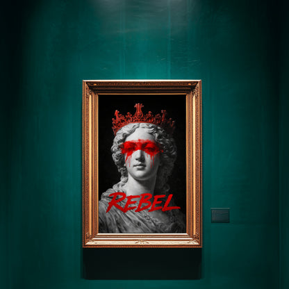 Rebel classical statue wall art displayed in emerald green luxury gallery interior, contemporary protest marble bust artwork with red crown and red paint statement decor