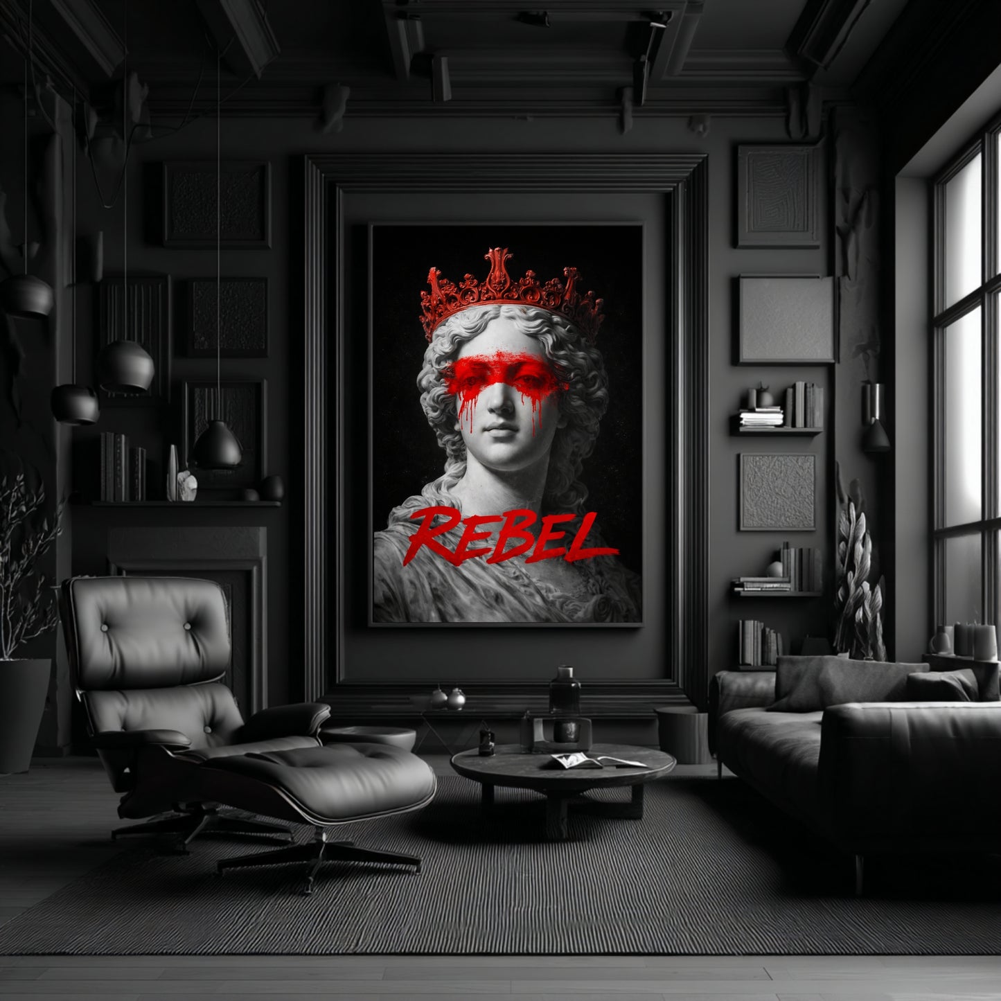 Rebel classical statue wall art in moody black luxury living room, contemporary protest marble bust with red paint eyes and crown statement decor