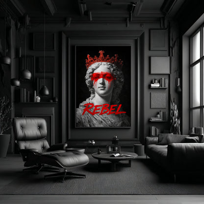 Rebel classical statue wall art in moody black luxury living room, contemporary protest marble bust with red paint eyes and crown statement decor