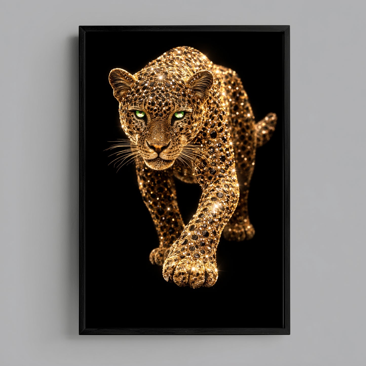 Gold leopard wall art framed in black on neutral wall, luxury wildlife artwork for modern contemporary home decor