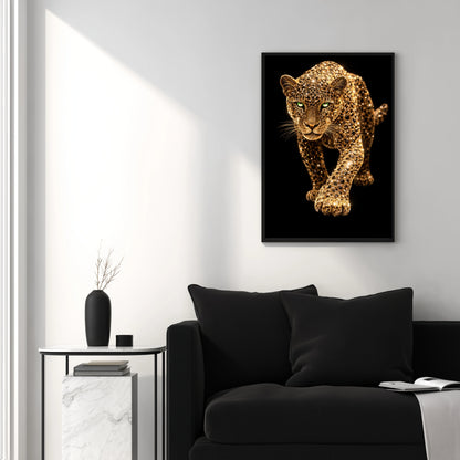 Gold leopard canvas wall art in black frame on white wall above modern sofa, luxury animal statement decor for minimalist home interior