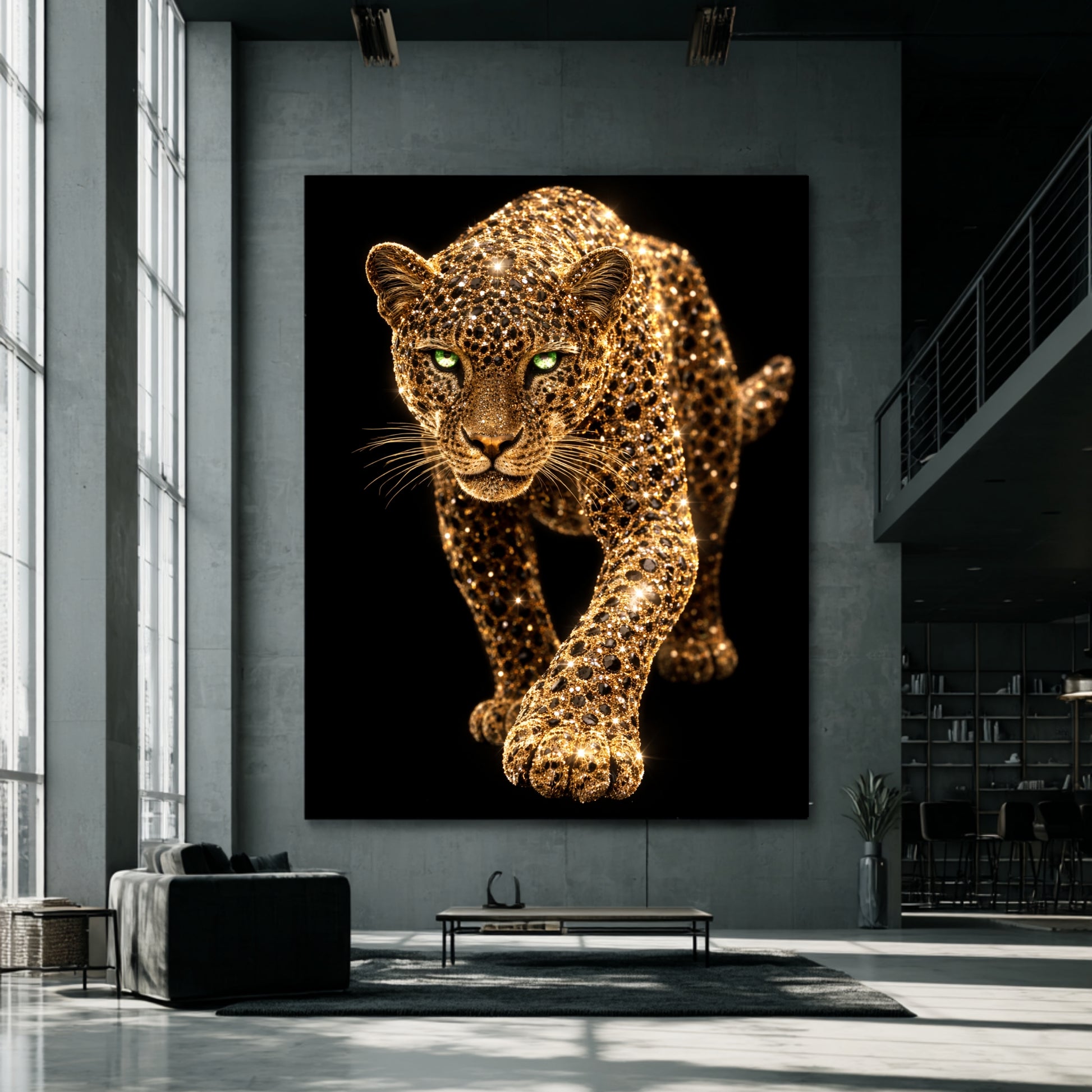 Oversized gold leopard wildlife wall art in industrial loft living room, luxury animal canvas statement decor for high ceiling interior