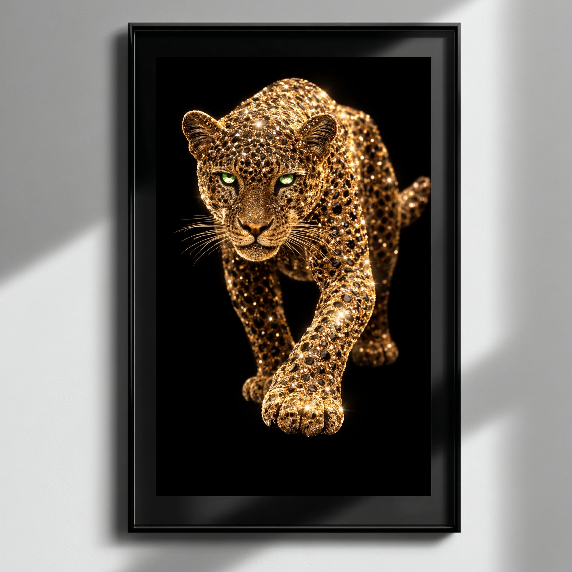 Gold leopard canvas wall art in black frame on white wall above modern sofa, luxury animal statement decor for minimalist home interior