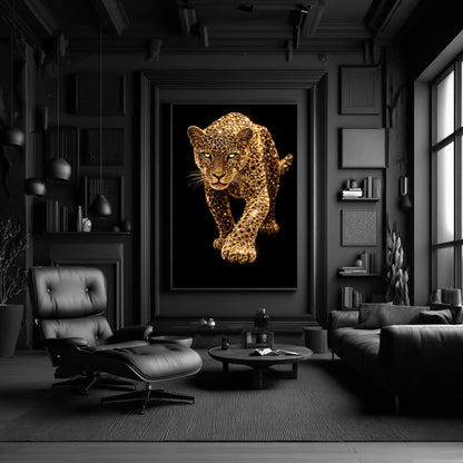 Large gold leopard canvas wall art in black modern living room, luxury wildlife statement artwork for contemporary home decor
