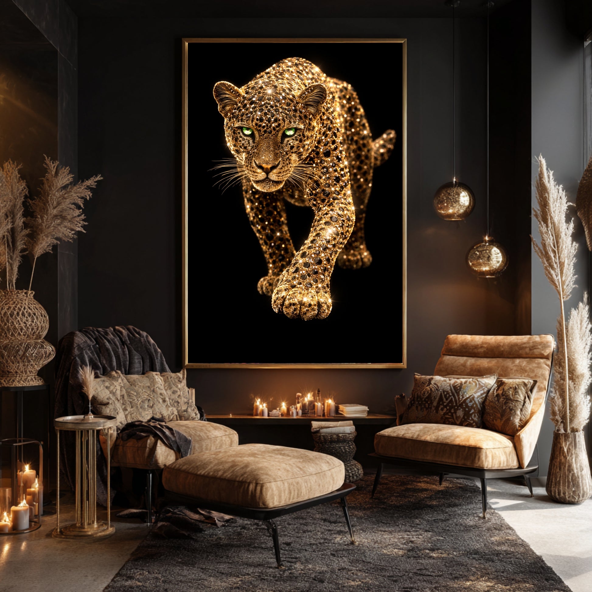 Gold leopard wall art print featuring jeweled leopard walking forward on black background, luxury wildlife canvas statement artwork for modern living room decor