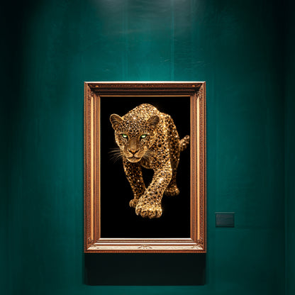Gold leopard wildlife artwork in emerald green gallery setting, ornate framed jeweled leopard animal wall art displayed as luxury museum-style wildlife statement decor