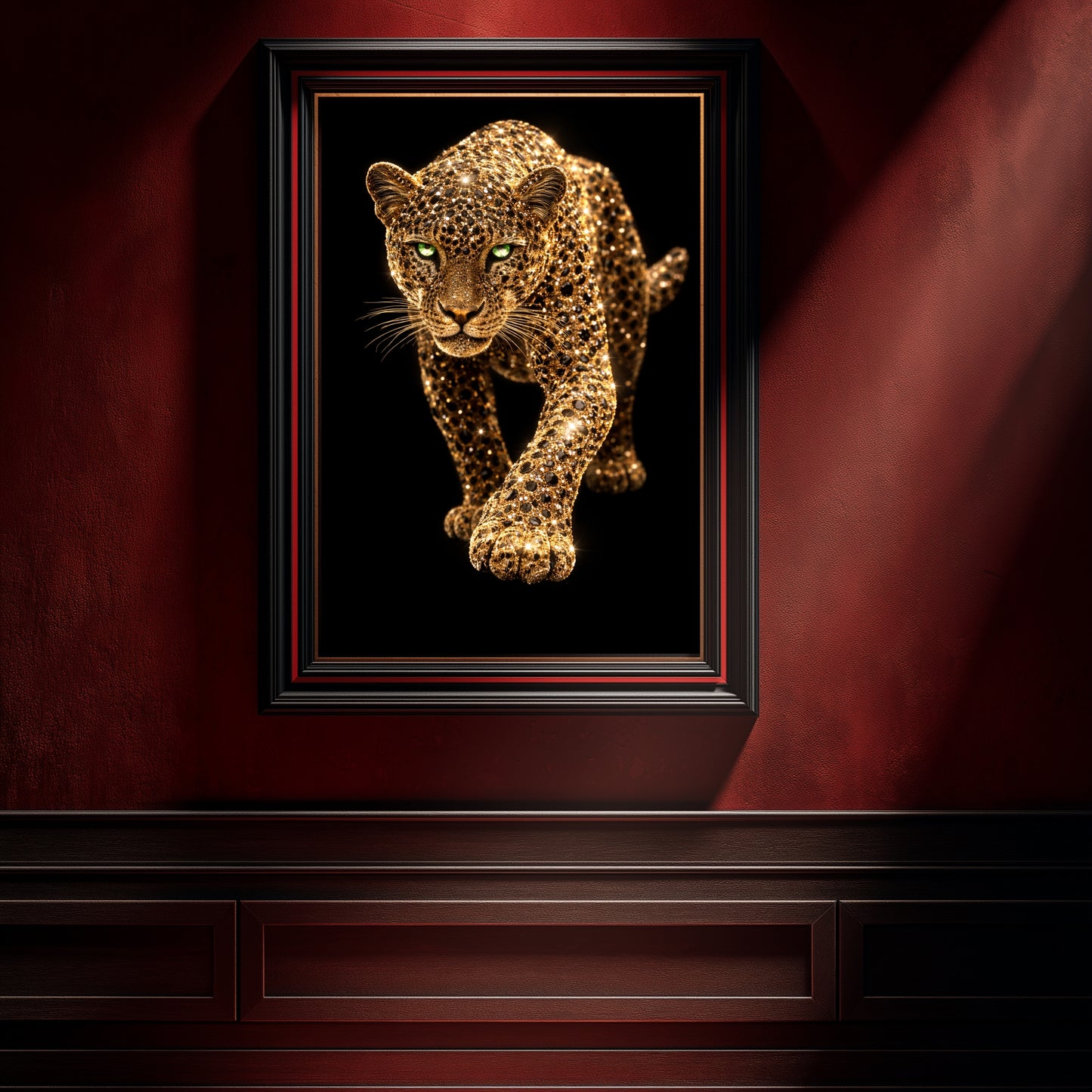 Gold leopard wildlife wall art in black frame on deep red wall, luxury animal statement decor for upscale office or dramatic interior design