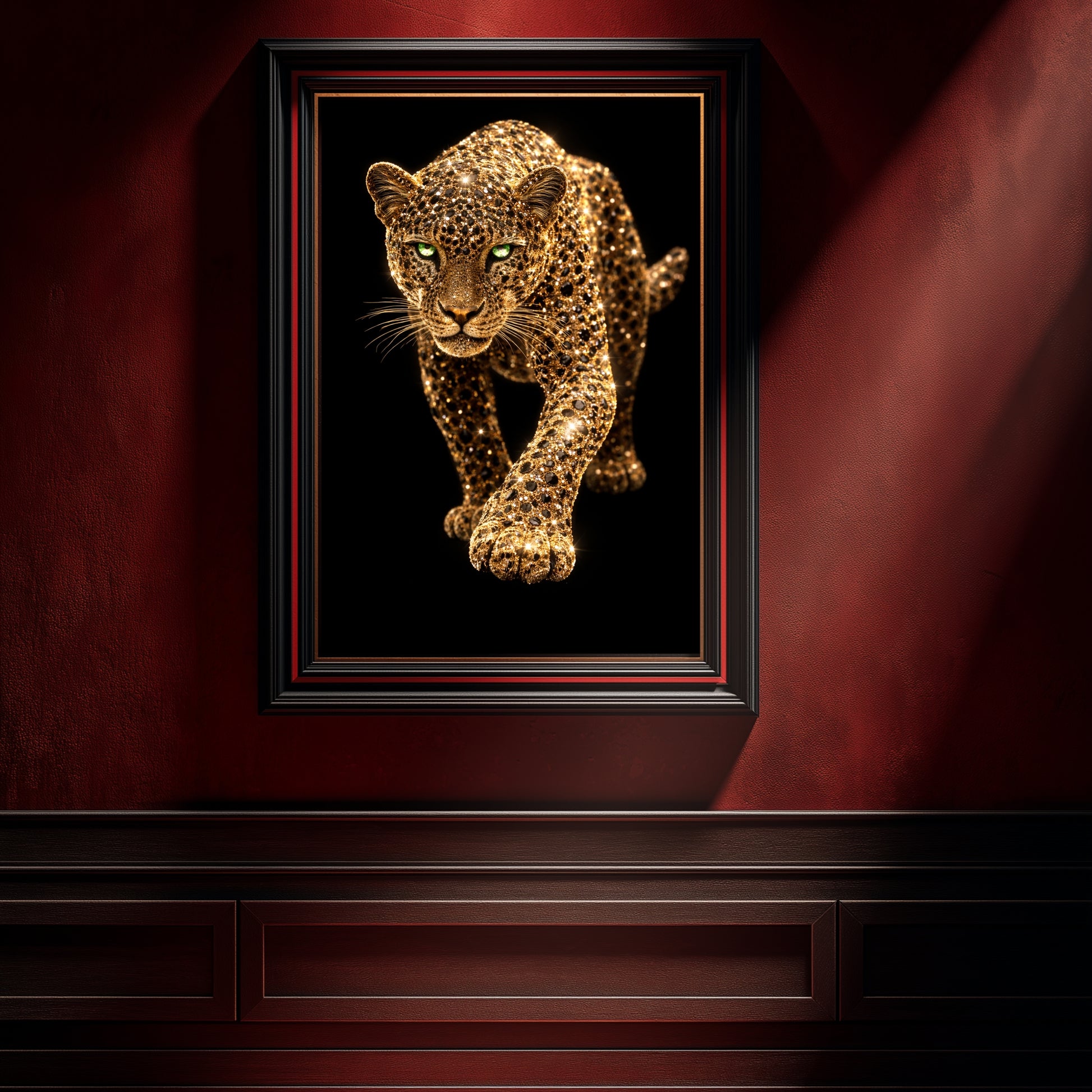 Gold leopard wildlife wall art in black frame on deep red wall, luxury animal statement decor for upscale office or dramatic interior design