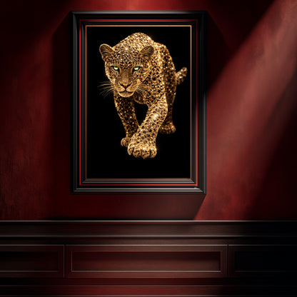 Gold leopard wildlife wall art in black frame on deep red wall, luxury animal statement decor for upscale office or dramatic interior design