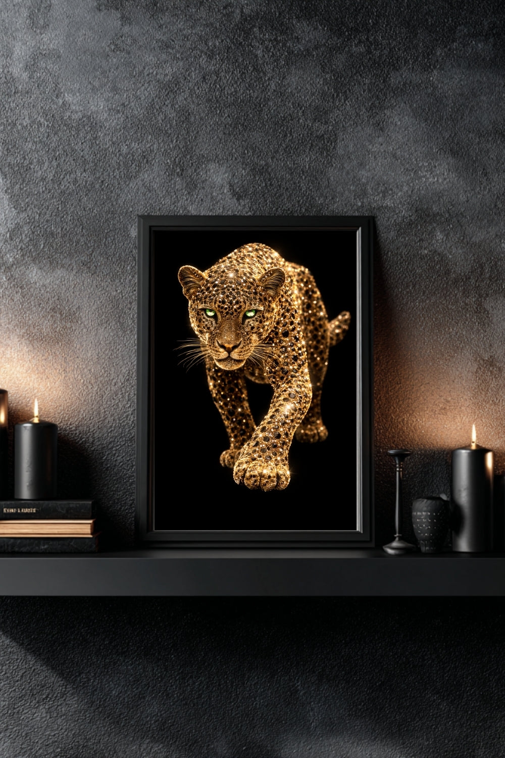 Framed gold leopard art print on textured charcoal wall with candle styling, luxury animal wall decor for modern interior design