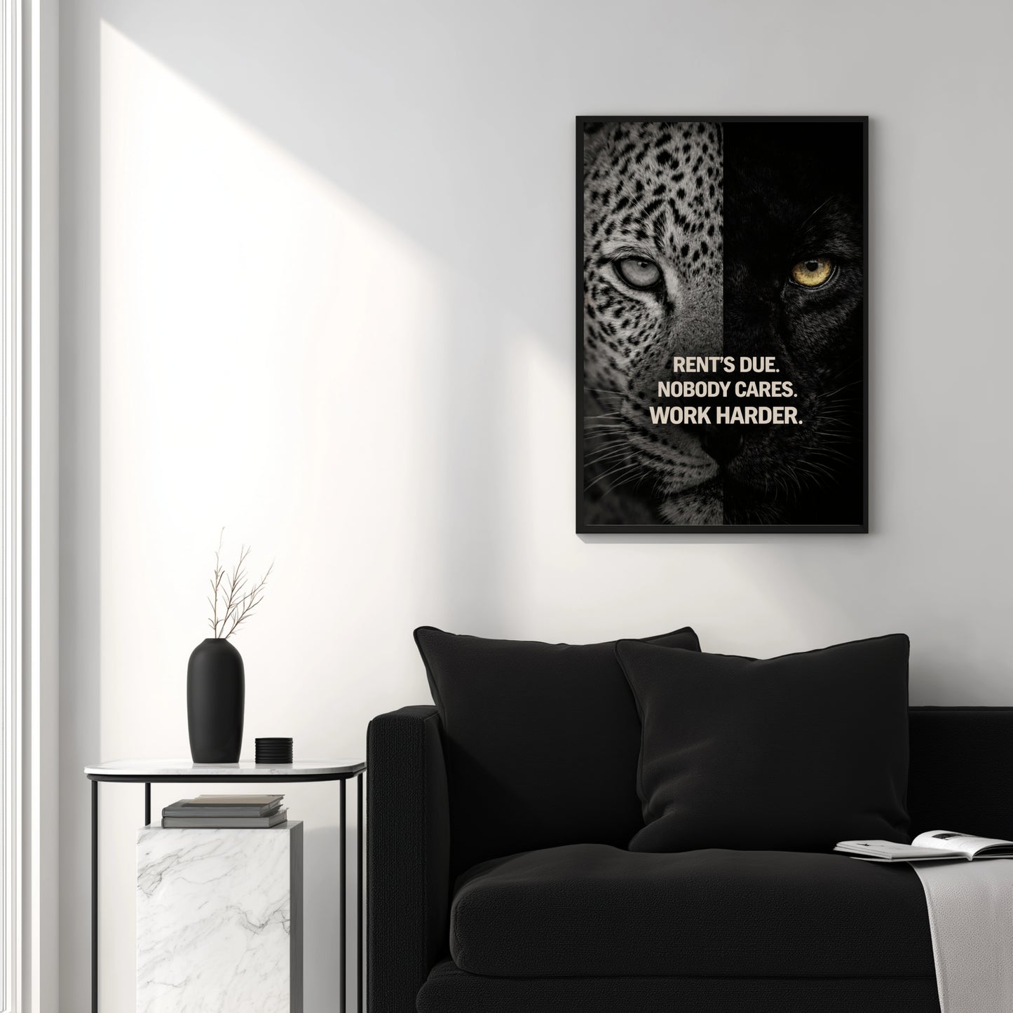 Motivational animal wall art poster featuring split leopard and panther design with rent’s due statement in sleek black frame on neutral background.