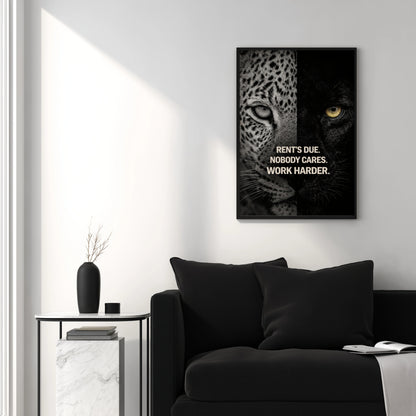 Motivational animal wall art poster featuring split leopard and panther design with rent’s due statement in sleek black frame on neutral background.