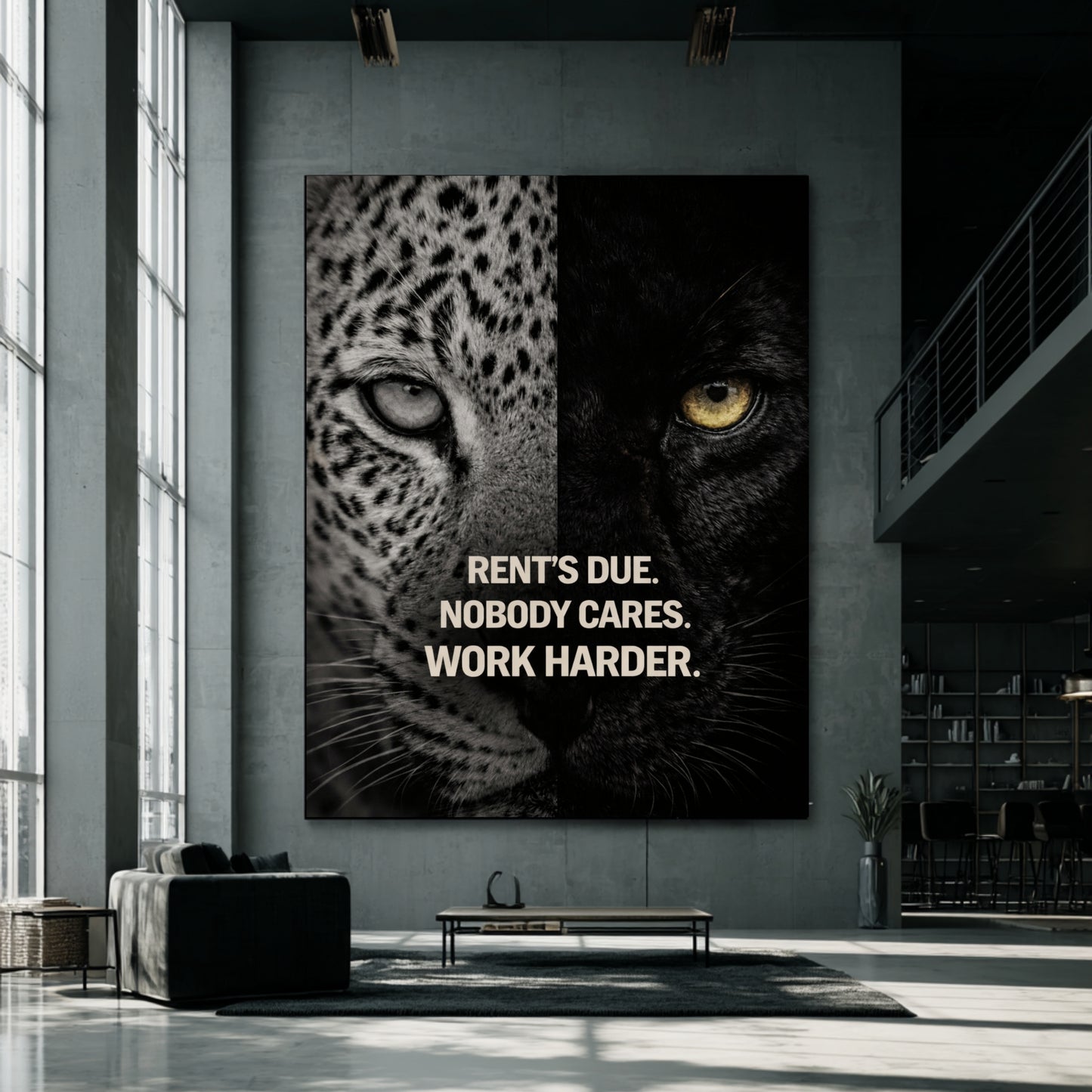 Extra large predator mindset statement artwork displayed on tall concrete loft wall in industrial modern interior with high ceilings and natural light.