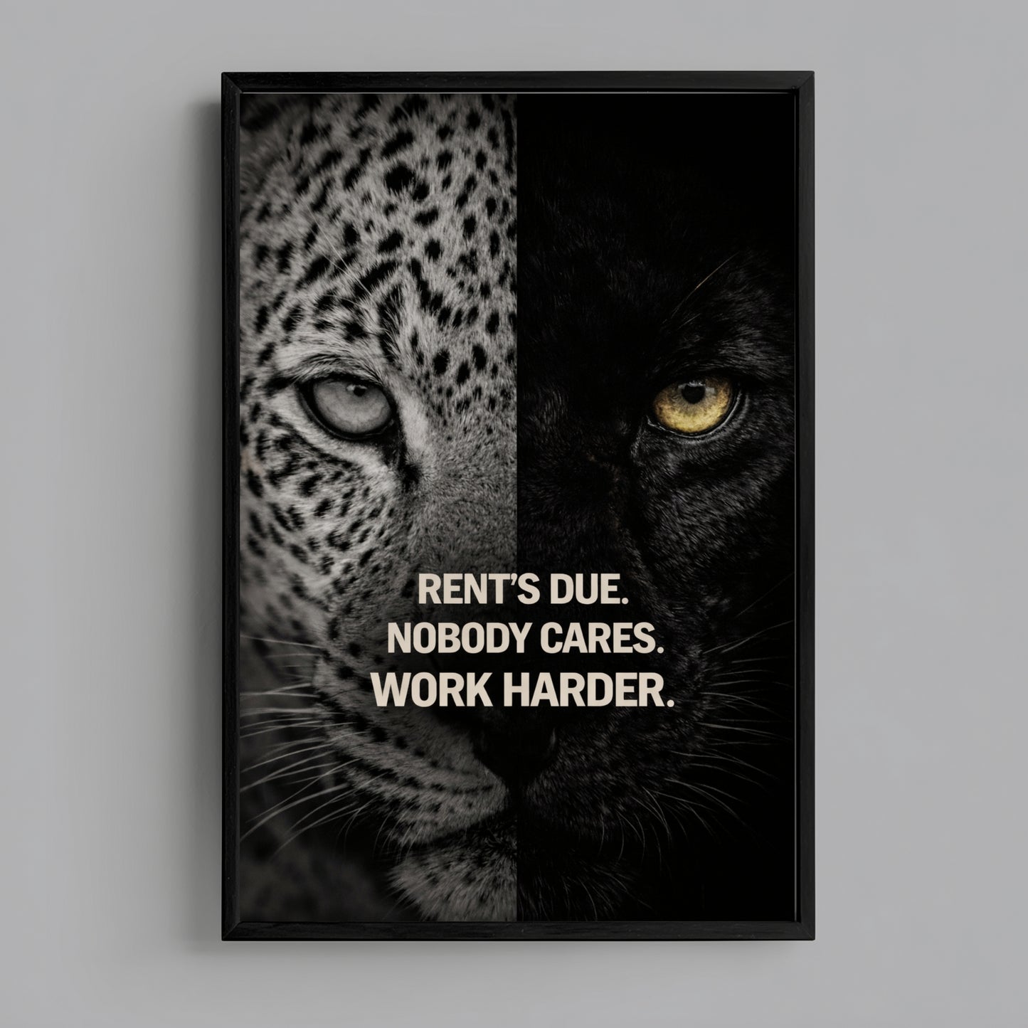 Predator symbolism motivational wall art print with split leopard and black panther portrait and discipline quote displayed in modern black frame.