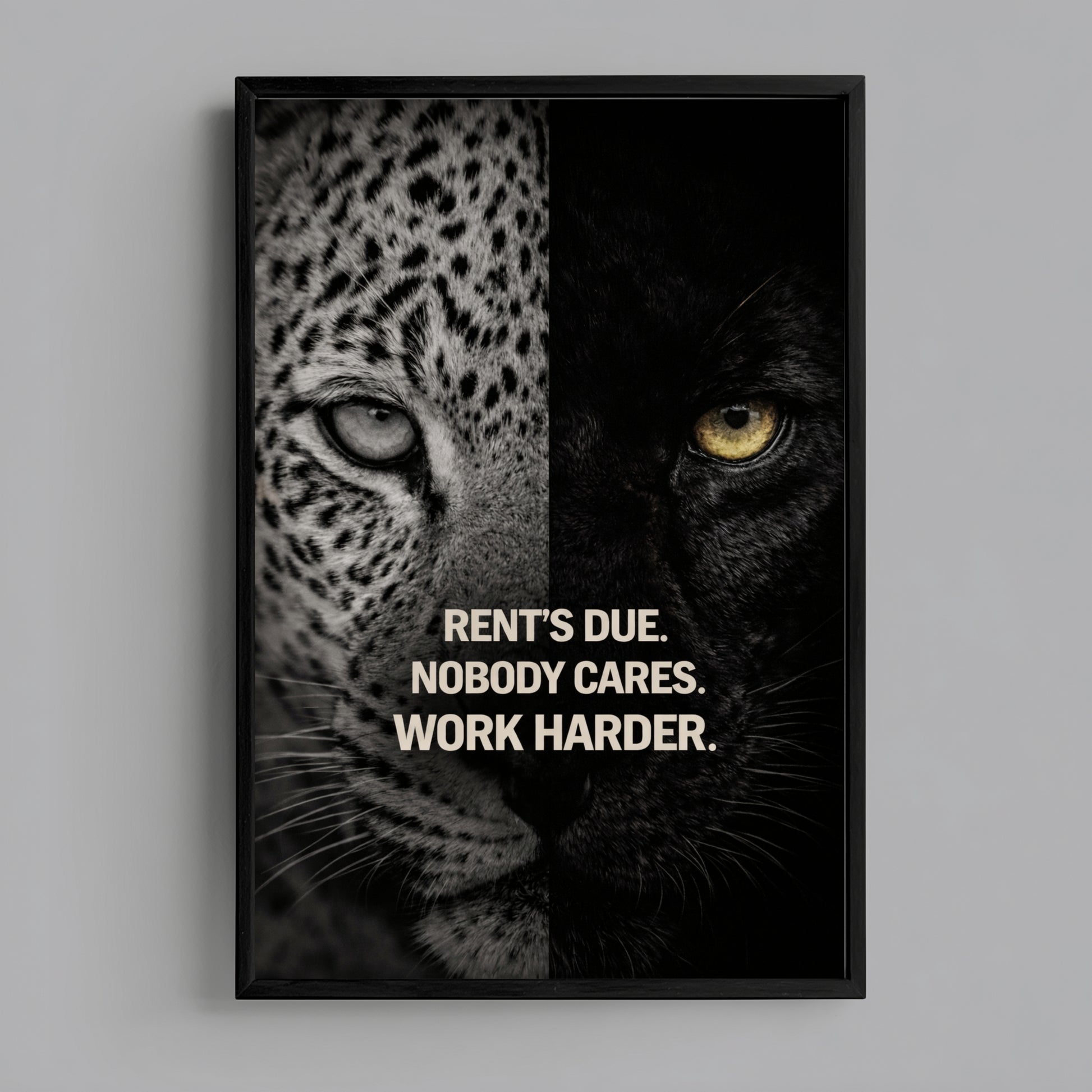 Predator symbolism motivational wall art print with split leopard and black panther portrait and discipline quote displayed in modern black frame.