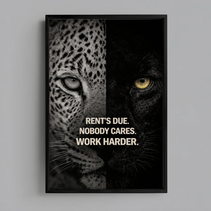 Predator symbolism motivational wall art print with split leopard and black panther portrait and discipline quote displayed in modern black frame.