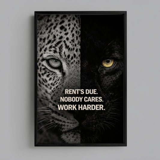Predator symbolism motivational wall art print with split leopard and black panther portrait and discipline quote displayed in modern black frame.