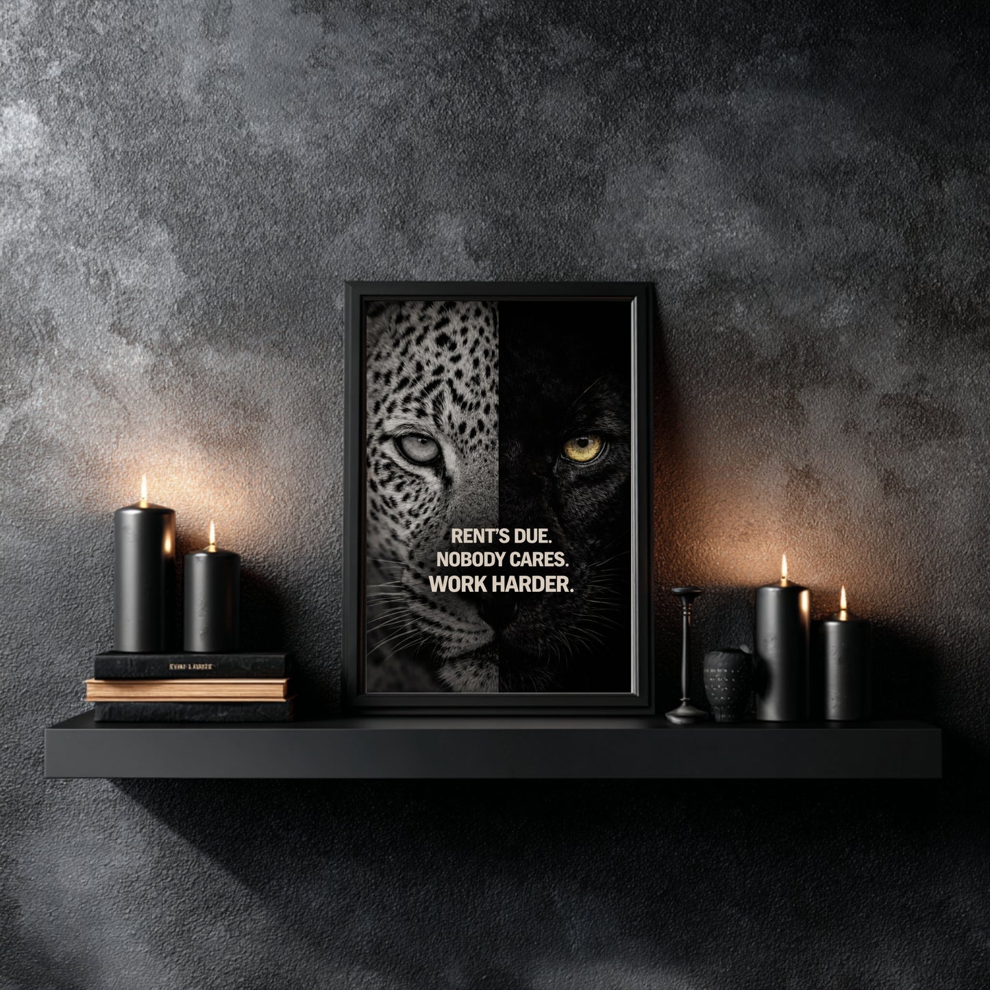 High-contrast predator mindset wall art print with rent’s due quote styled on black floating shelf beside black candles and textured charcoal wall.