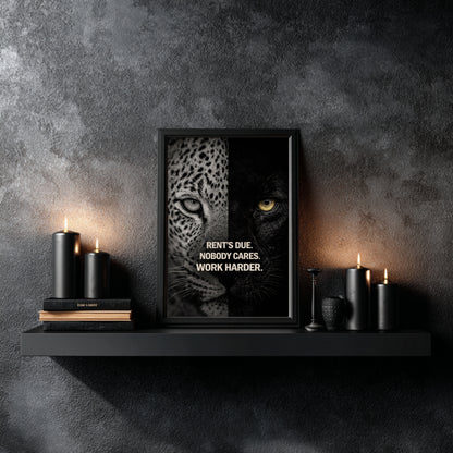 High-contrast predator mindset wall art print with rent’s due quote styled on black floating shelf beside black candles and textured charcoal wall.