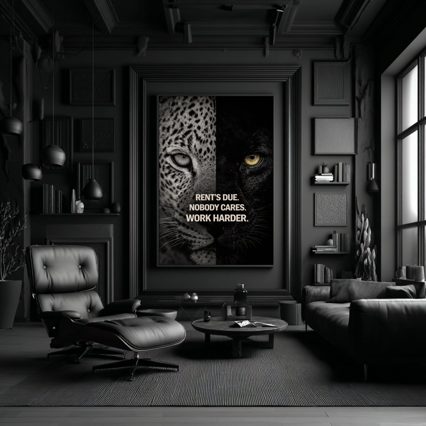 Large vertical motivational animal wall art canvas featuring split leopard and panther portrait displayed as statement piece in dark modern living room with black leather chair and shelving.