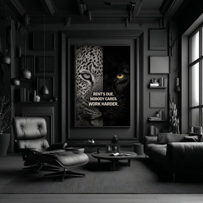 Large vertical motivational animal wall art canvas featuring split leopard and panther portrait displayed as statement piece in dark modern living room with black leather chair and shelving.