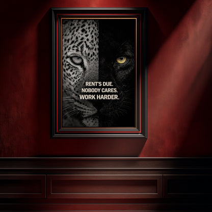 Leopard and panther motivational wall art with bold rent’s due work harder statement framed in black and gold against dramatic red luxury interior wall.