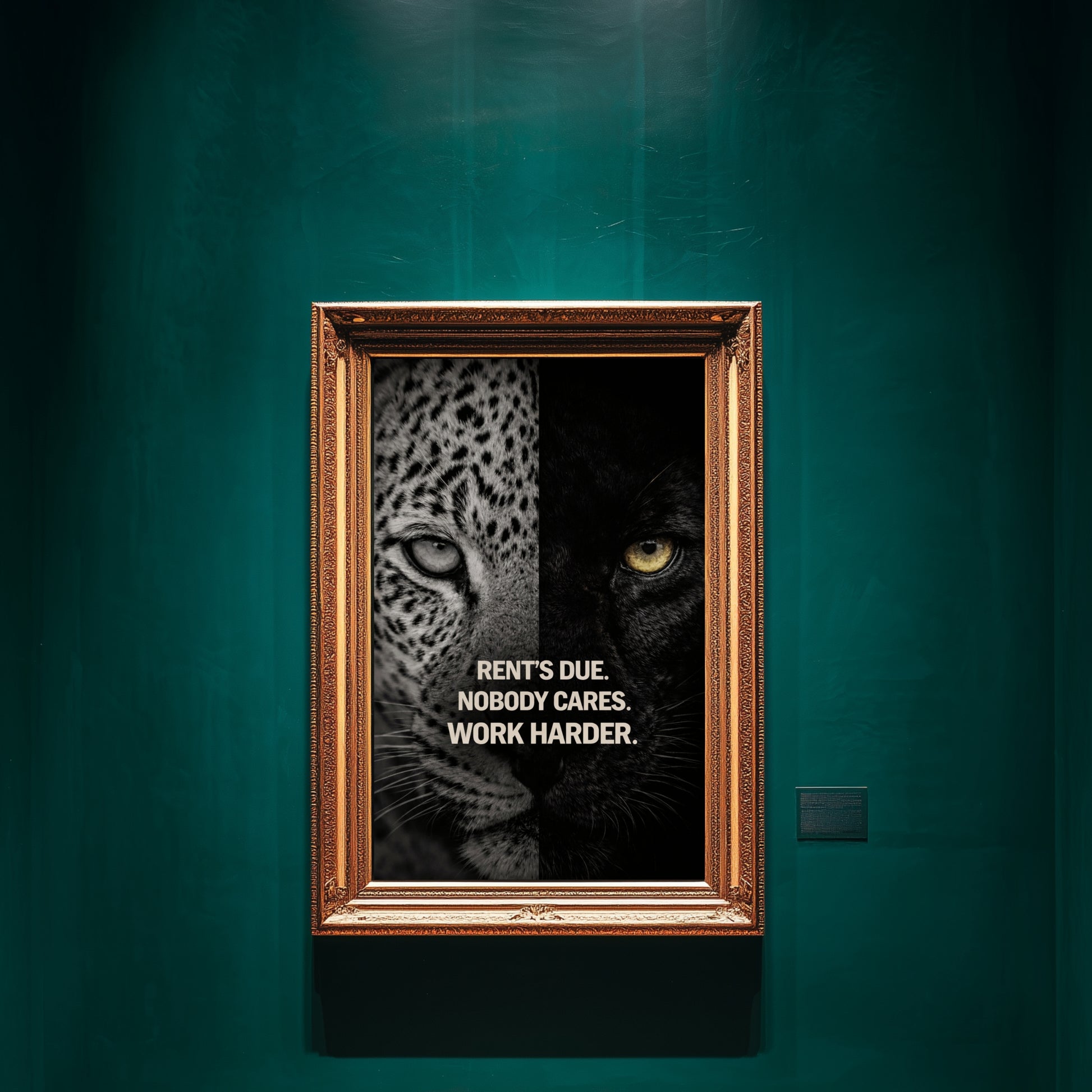 Motivational animal wall art featuring split-face leopard and black panther with “Rent’s Due. Nobody Cares. Work Harder.” quote displayed in ornate gold frame on deep emerald gallery wall.