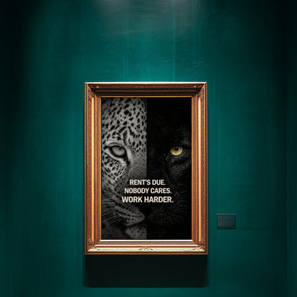 Motivational animal wall art featuring split-face leopard and black panther with “Rent’s Due. Nobody Cares. Work Harder.” quote displayed in ornate gold frame on deep emerald gallery wall.