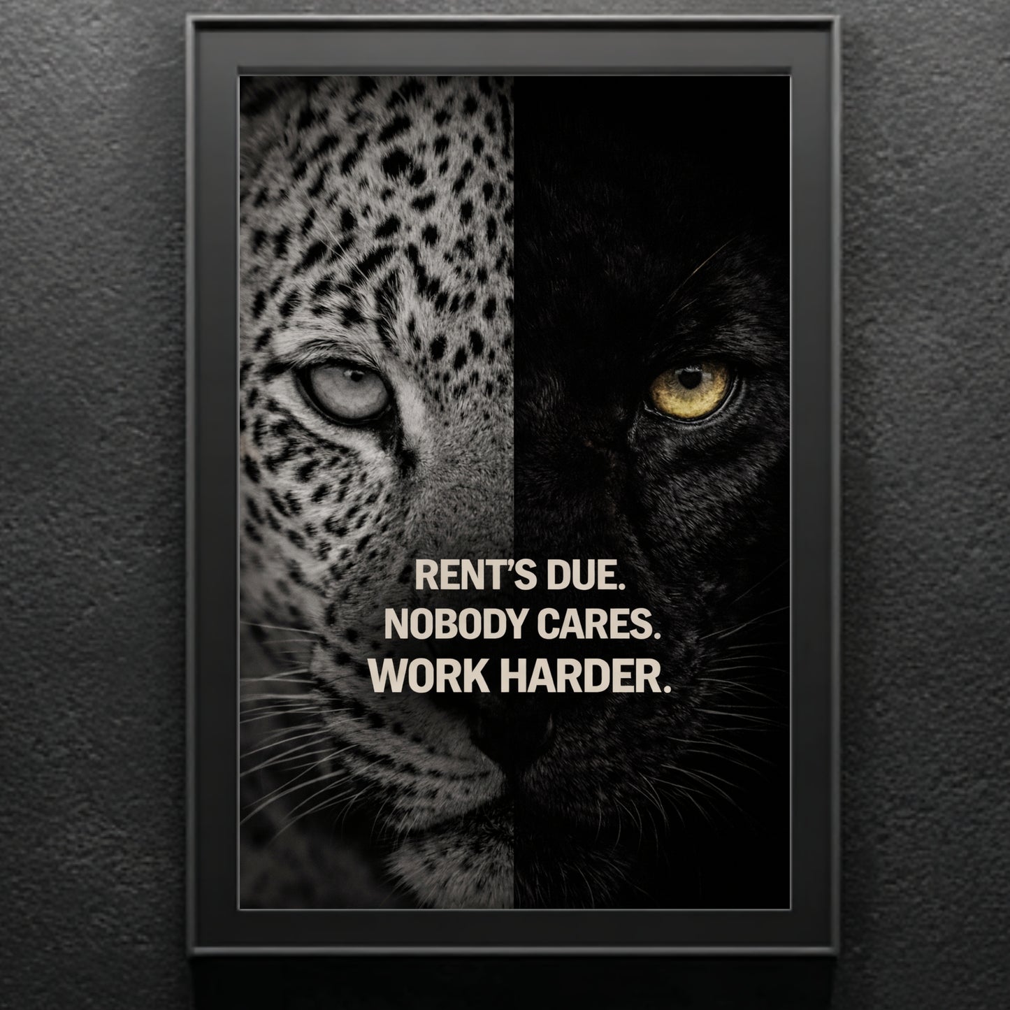 Vertical leopard and black panther split-face motivational quote wall art in black frame against textured grey wall background.