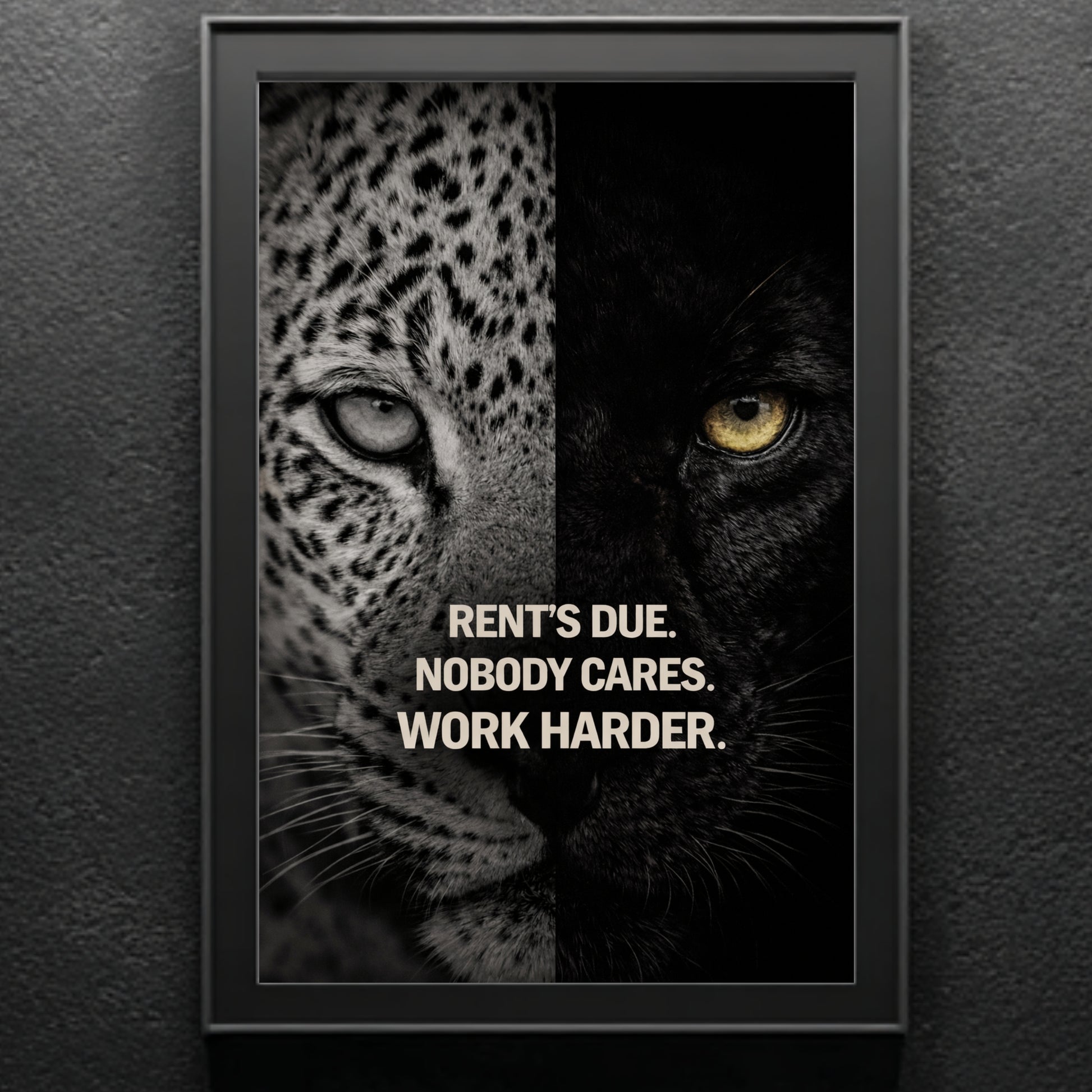 Vertical leopard and black panther split-face motivational quote wall art in black frame against textured grey wall background.