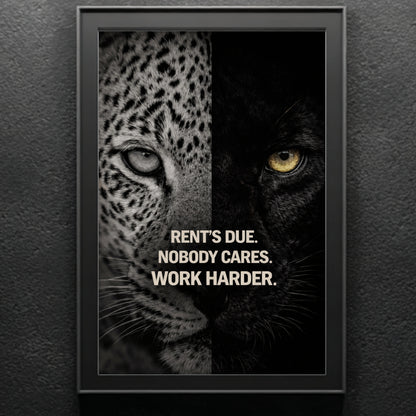 Vertical leopard and black panther split-face motivational quote wall art in black frame against textured grey wall background.