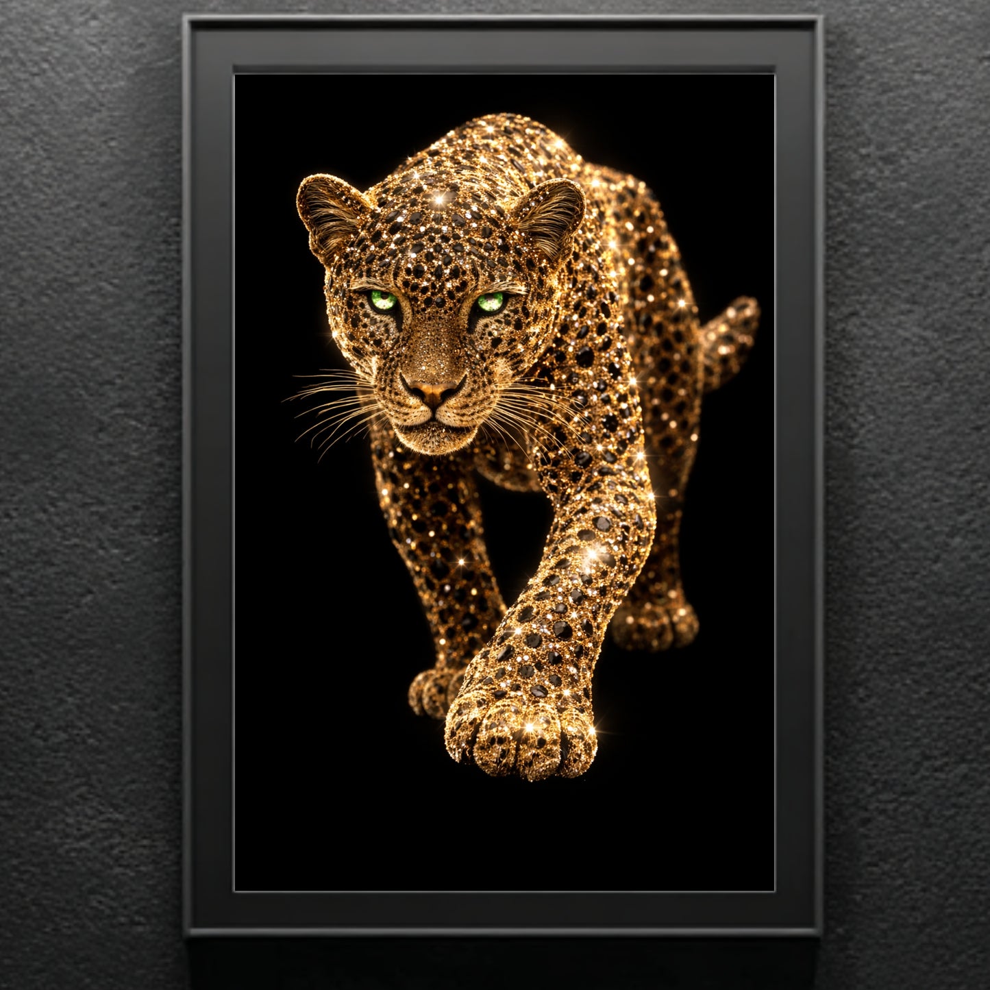 Gold leopard wildlife artwork on black background, luxury jeweled leopard wall art print for modern statement home decor