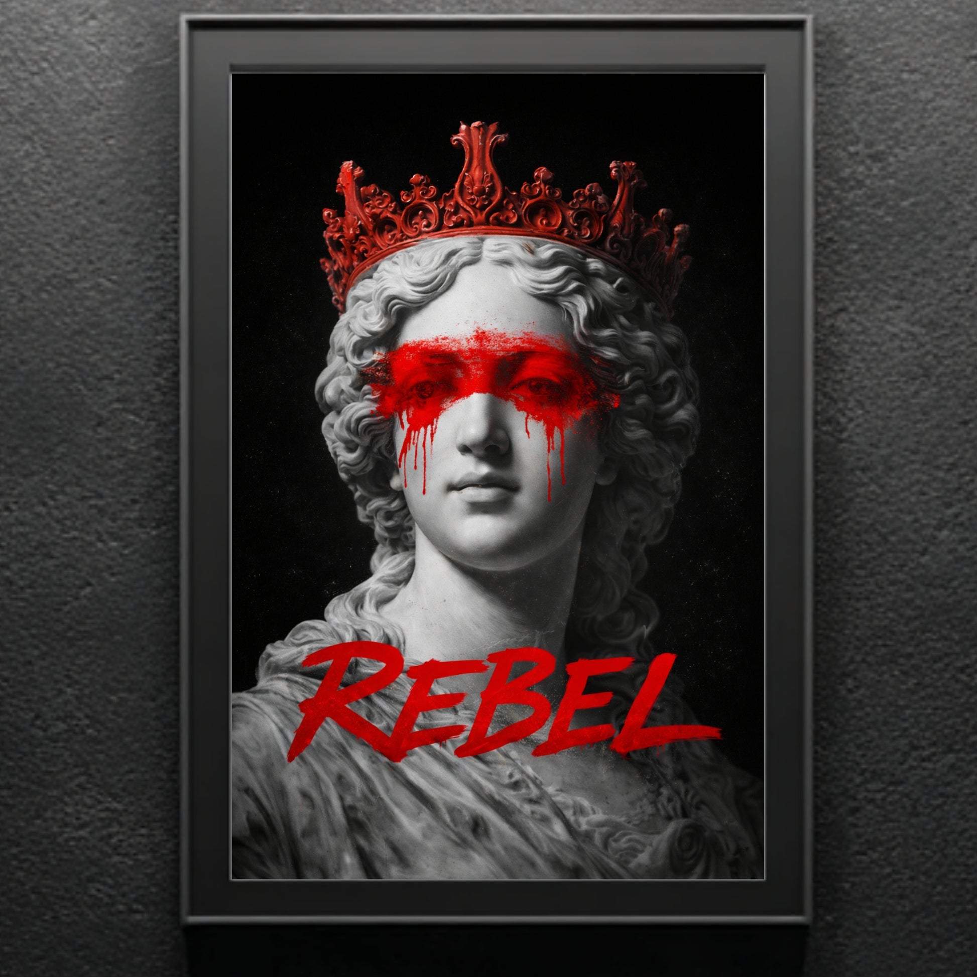 Rebel classical statue artwork framed on dark textured wall, contemporary protest marble female bust with red paint across eyes statement piece