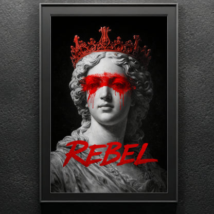 Rebel classical statue artwork framed on dark textured wall, contemporary protest marble female bust with red paint across eyes statement piece