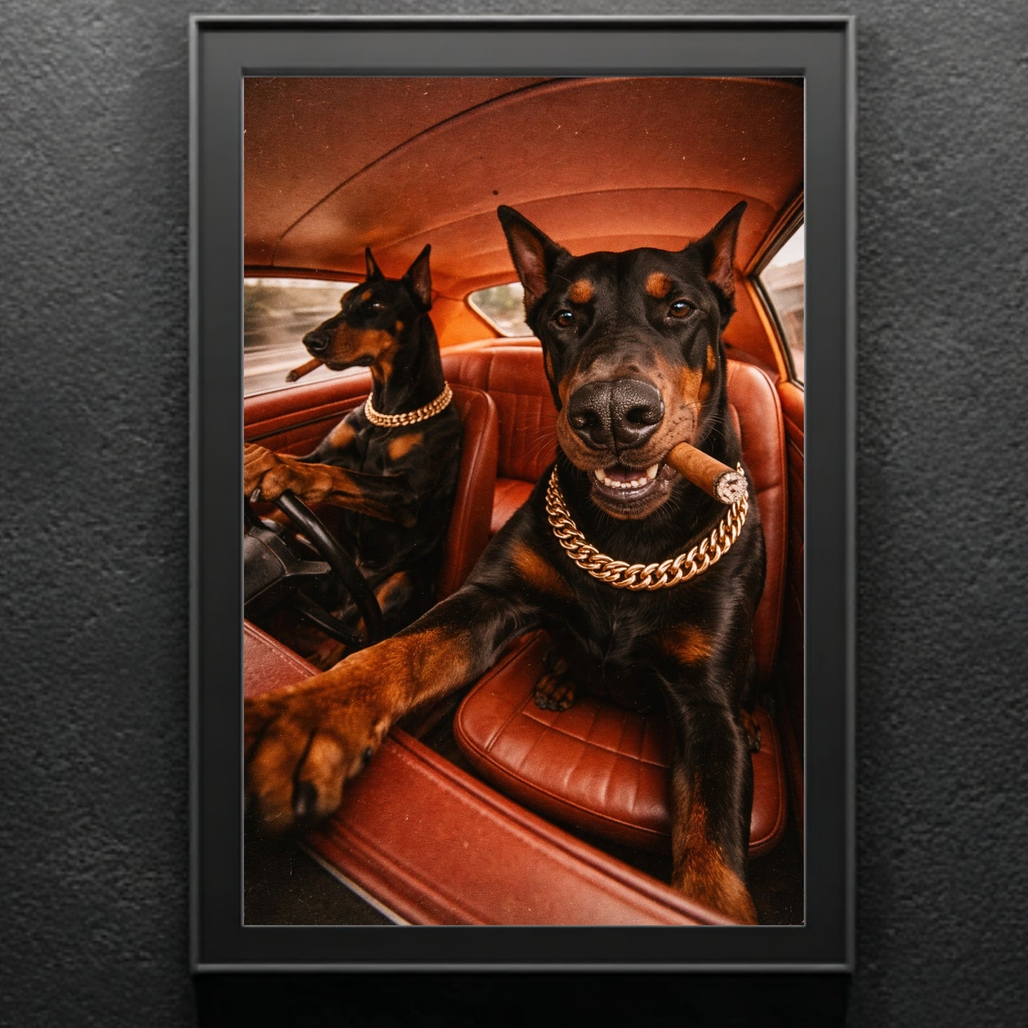 Vertical Doberman dogs in car wall art in matte black frame, cinematic dog poster artwork for modern wall decor