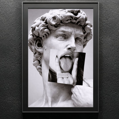 Black and white classical statue collage wall art on dark textured wall, modern contemporary statement decor