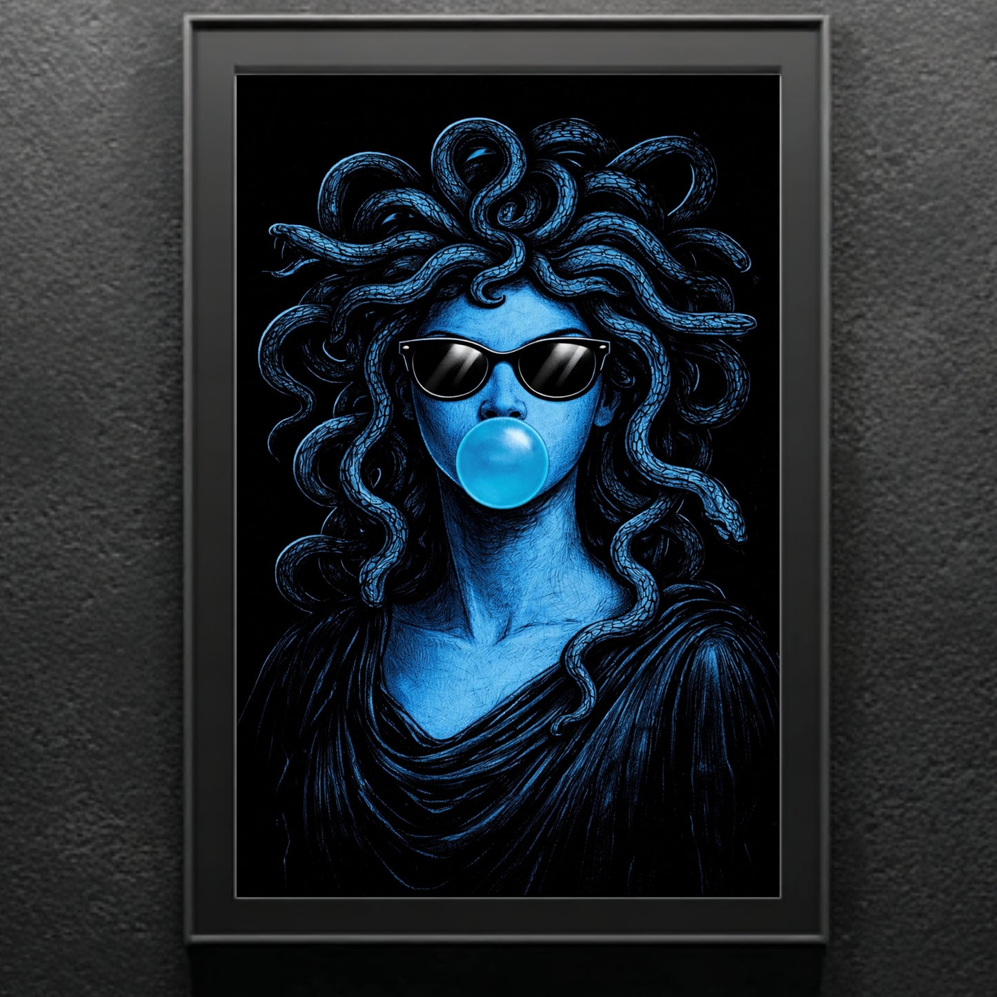 Modern Medusa surreal snake portrait wall art satin poster texture detail blue high contrast pop art vertical print