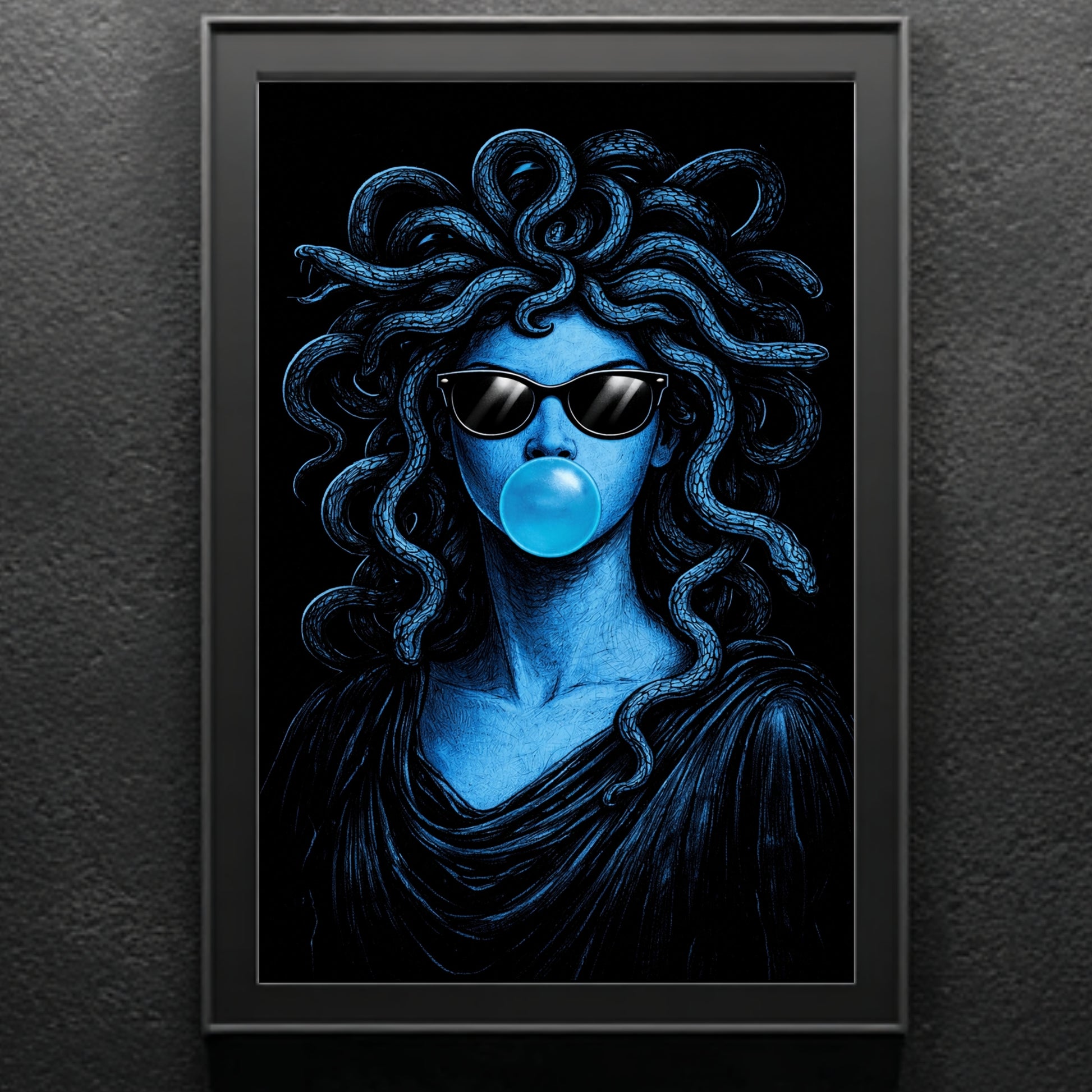 Modern Medusa surreal snake portrait wall art satin poster texture detail blue high contrast pop art vertical print