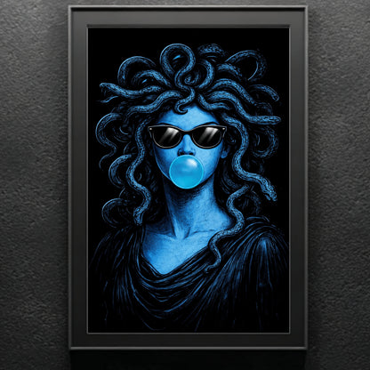 Modern Medusa surreal snake portrait wall art satin poster texture detail blue high contrast pop art vertical print