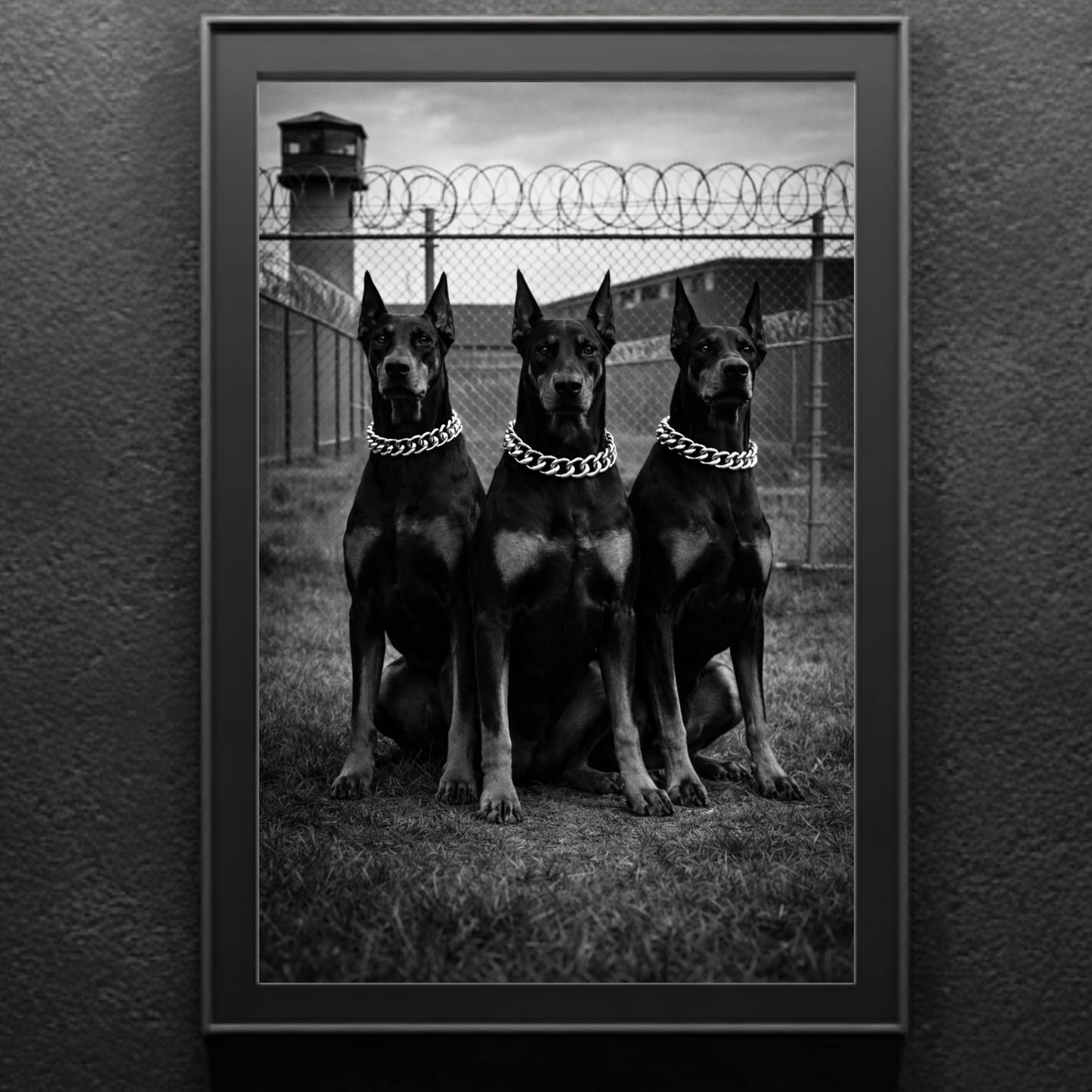 Framed black and white Doberman trio wall art on gray wall, minimalist monochrome dog photography statement print