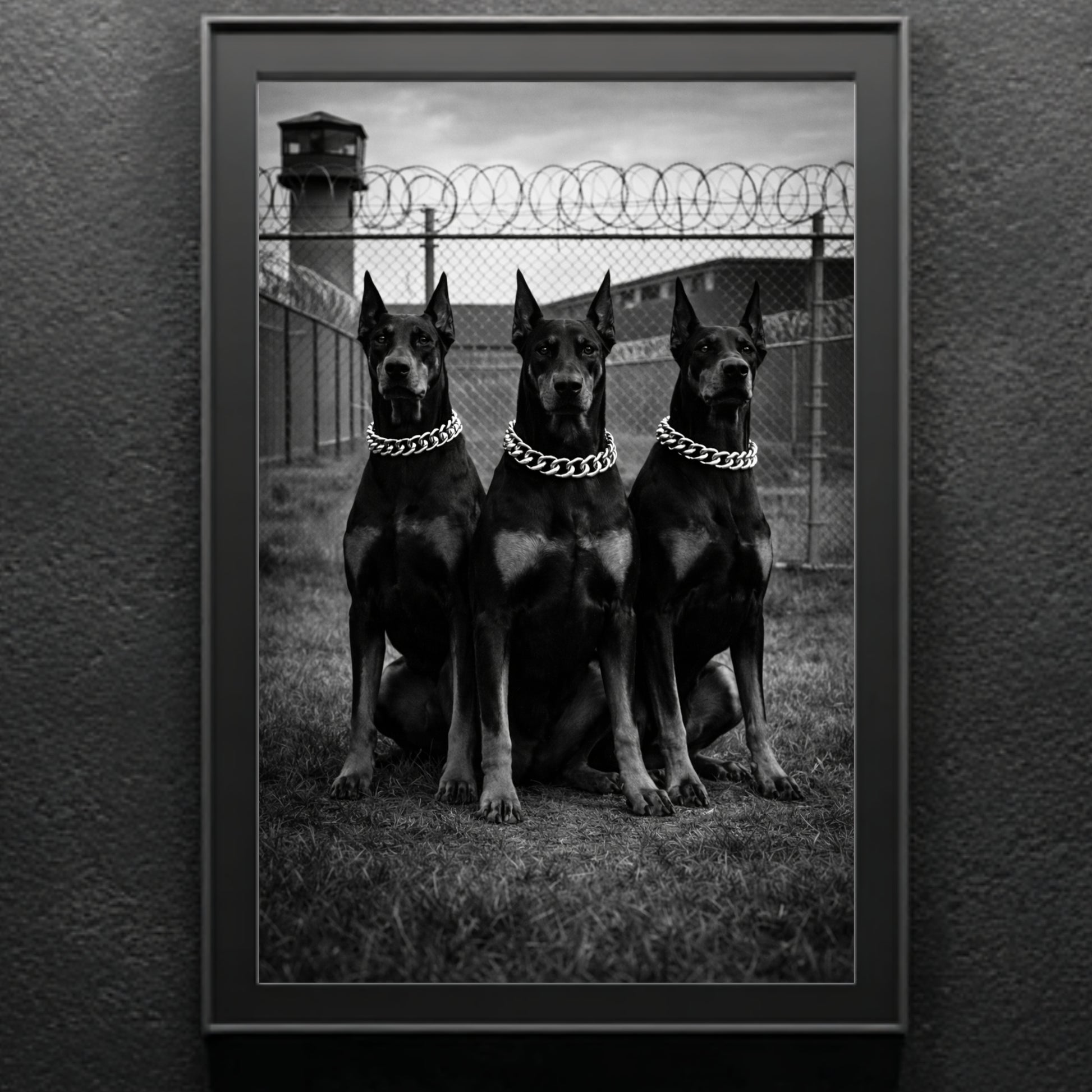 Framed black and white Doberman trio wall art on gray wall, minimalist monochrome dog photography statement print