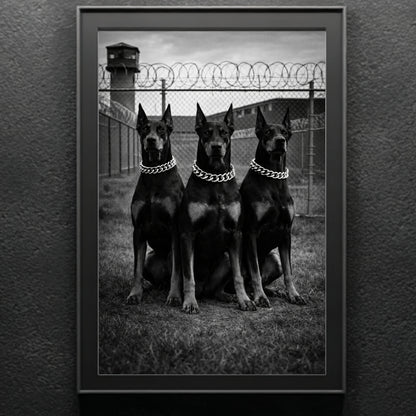 Framed black and white Doberman trio wall art on gray wall, minimalist monochrome dog photography statement print