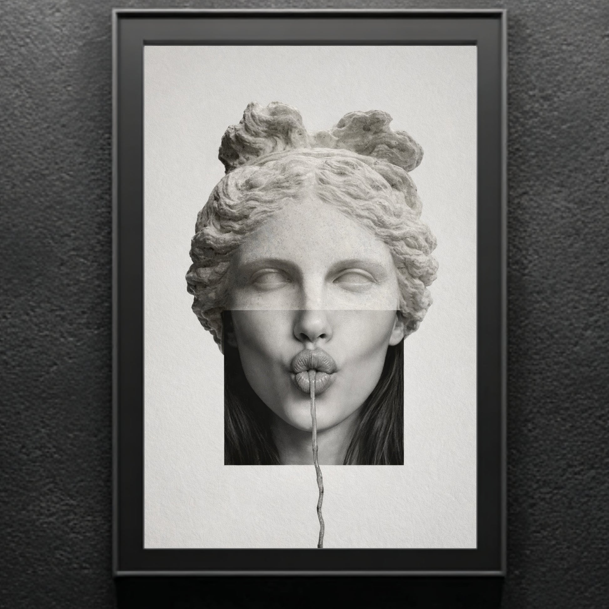 Surreal classical statue wall art in black frame on textured charcoal wall – modern black and white portrait artwork