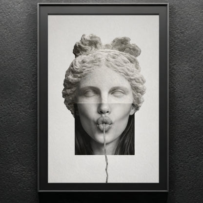 Surreal classical statue wall art in black frame on textured charcoal wall – modern black and white portrait artwork