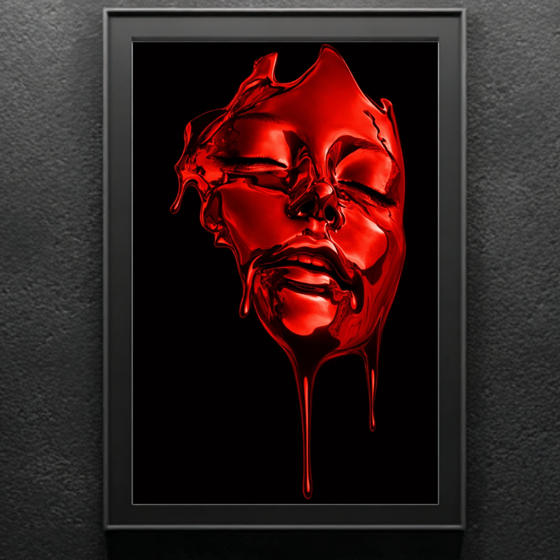 Close up red surreal face wall art abstract liquid portrait high gloss digital artwork in black frame – contemporary surreal art print vertical wall decor