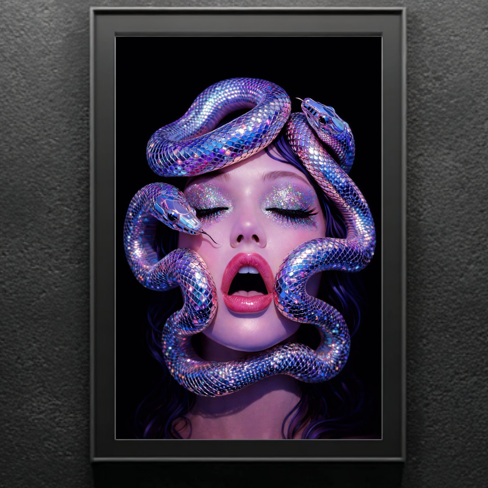 Snake woman portrait wall art in matte black frame against textured wall featuring iridescent serpents and symbolic surreal imagery