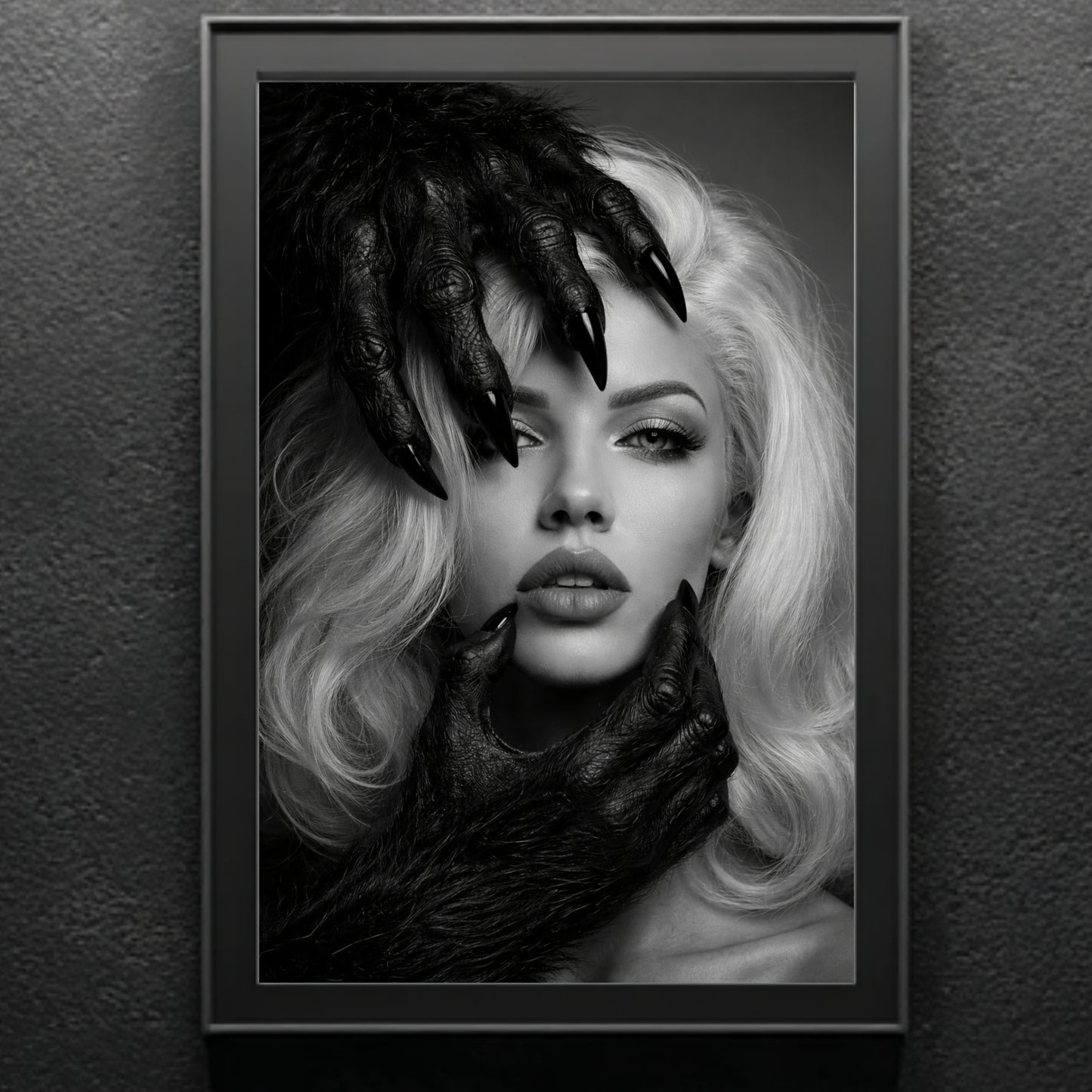 Black and white surreal woman portrait wall art in black frame against textured dark wall, contemporary monochrome figure statement art print