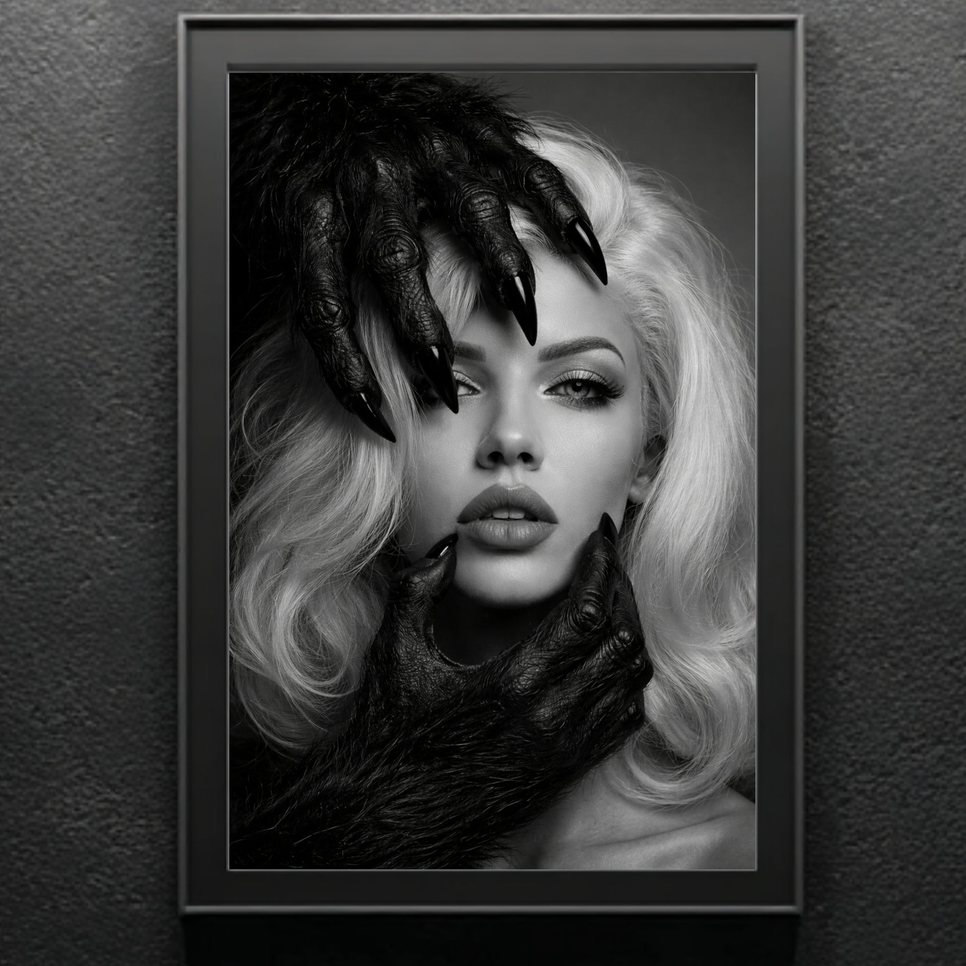 Black and white surreal woman portrait wall art in black frame against textured dark wall, contemporary monochrome figure statement art print